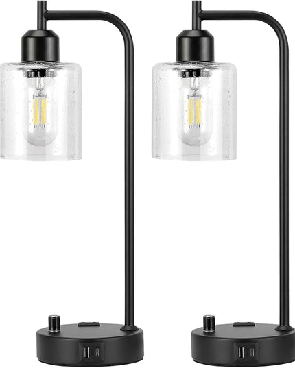 Industrial Table Lamps for Bedrooms Set of 2 - Fully Dimmable Bedside Lamps with USB A and C Ports and Outlet, Black Nightstand Lamps with Glass Shade for Living Room, Desk Lamps for Office Reading - LeafyLoom