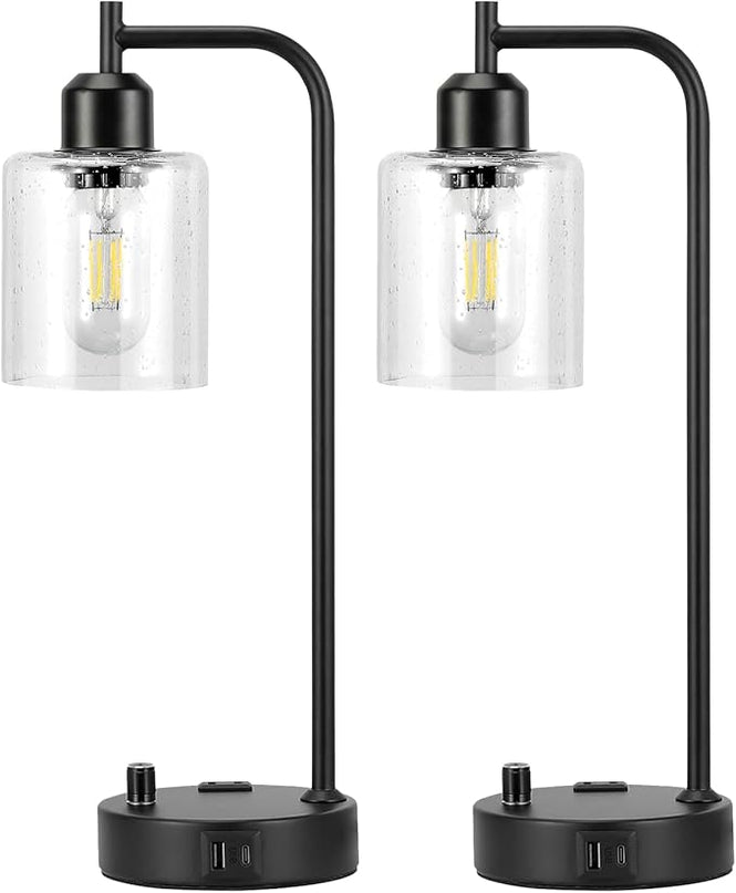 Industrial Table Lamps for Bedrooms Set of 2 - Fully Dimmable Bedside Lamps with USB A and C Ports and Outlet, Black Nightstand Lamps with Glass Shade for Living Room, Desk Lamps for Office Reading - LeafyLoom