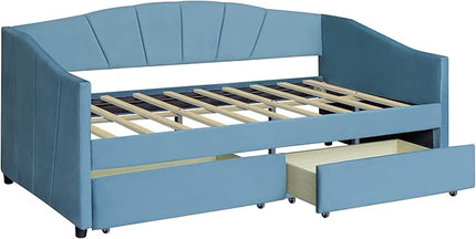 Twin Size Upholstered Daybed with 2 Storage Drawers, Elegant Sofa Bed Day Bed Frame with Wood Slat Support for Bedroom, Living Room Guestroom, No Box Spring Needed, Blue - LeafyLoom