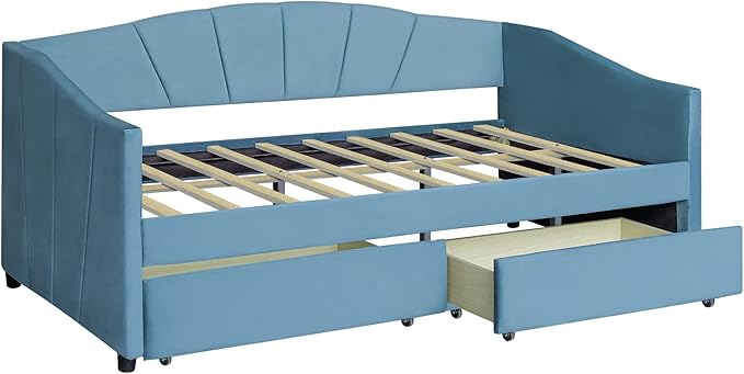 Twin Size Upholstered Daybed with 2 Storage Drawers, Elegant Sofa Bed Day Bed Frame with Wood Slat Support for Bedroom, Living Room Guestroom, No Box Spring Needed, Blue - LeafyLoom
