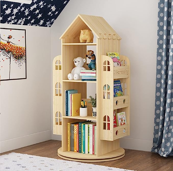 Heehee Rotating Bookshelf 360 Display Floor Standing Bookcase Storage Rack for Kids Children's bookshelf, Book Display Stand, Wood Book Shelf Organizer for Kids, Storage Book Display Case Bookrack - LeafyLoom