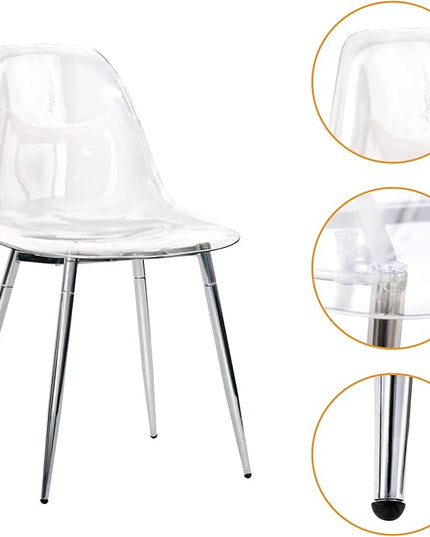 CangLong Acrylic Ghost Crystal Seat, Modern Plastic Shell Accent Side Chairs Legs for Kitchen, Dining, Living, Guest, Bed Room, Set of 4, Transparent + Silver - LeafyLoom