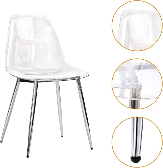 CangLong Acrylic Ghost Crystal Seat, Modern Plastic Shell Accent Side Chairs Legs for Kitchen, Dining, Living, Guest, Bed Room, Set of 4, Transparent + Silver - LeafyLoom