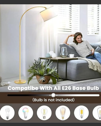 Arc Floor Lamps for Living Room, Modern Standing Lamp Gold Tall Lamp with White Drum Shade, Over Couch Arched Reading Light for Bedroom, Office - LeafyLoom