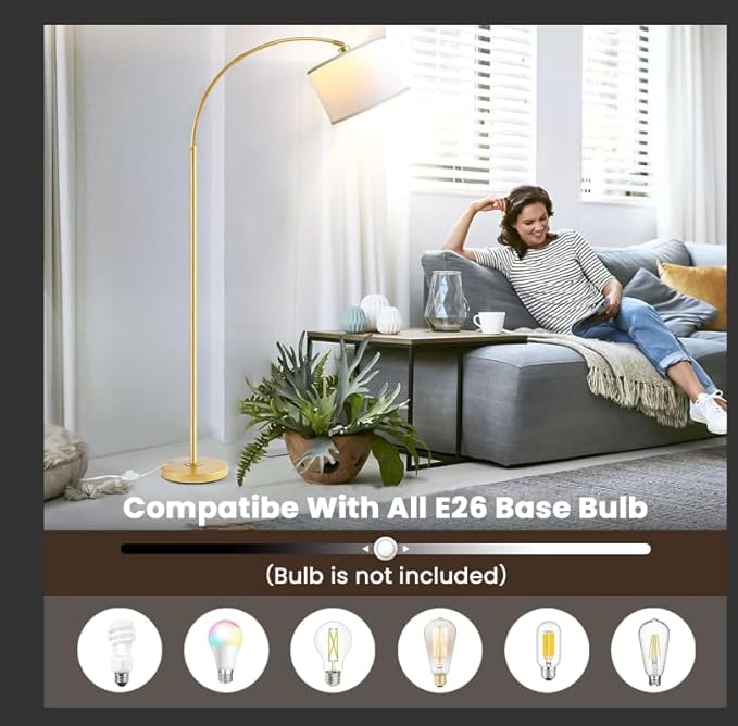 Arc Floor Lamps for Living Room, Modern Standing Lamp Gold Tall Lamp with White Drum Shade, Over Couch Arched Reading Light for Bedroom, Office - LeafyLoom