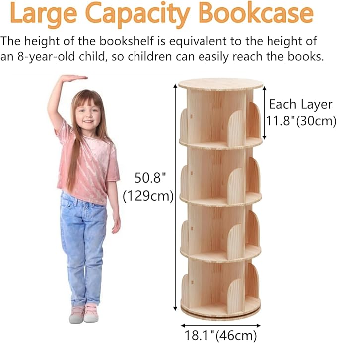 4 Tier Rotating Bookshelf, 360 Display Spinning Bookshelf, Rotating Bookcase for Kids&Adults, Revolving Bookcase, Rotating Bookshelf Tower - LeafyLoom