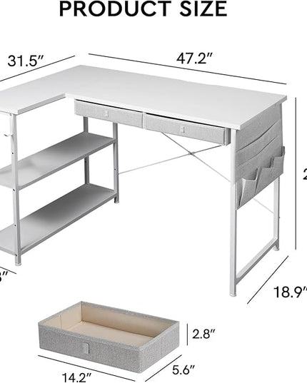 Ｍａｉｈａｉｌ Home Office Desk with Drawers and Shelves, 47” Computer Corner Desk for Small Space, Small L Shaped Desk with Side Storage for Bedroom, White - LeafyLoom