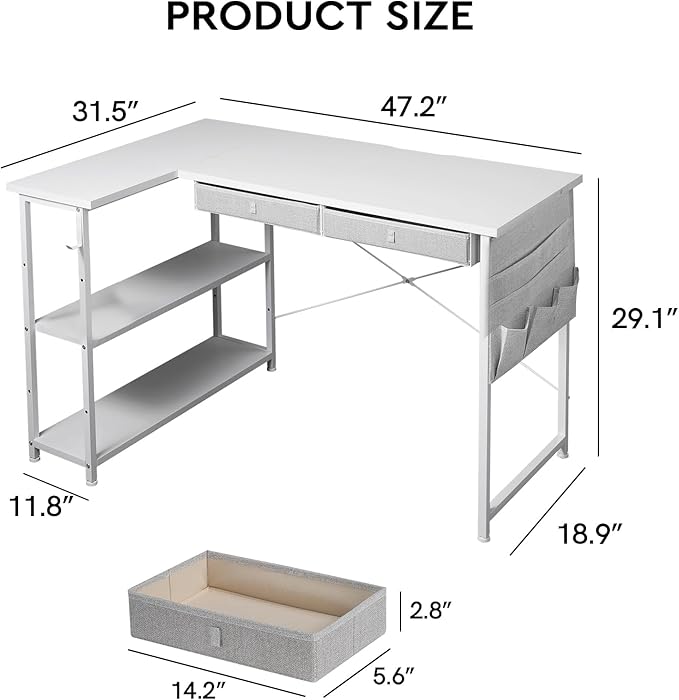 Ｍａｉｈａｉｌ Home Office Desk with Drawers and Shelves, 47” Computer Corner Desk for Small Space, Small L Shaped Desk with Side Storage for Bedroom, White - LeafyLoom