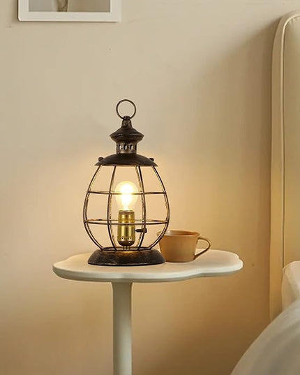 Industrial Metal Lantern Table Lamp - 12.2''H Gold Cage Lampshade Searchlight Standing Lighting Fixtures - Nautical Spotlight Reading Desk Light Decoration for Living Room Bedroom Farmhouse - LeafyLoom