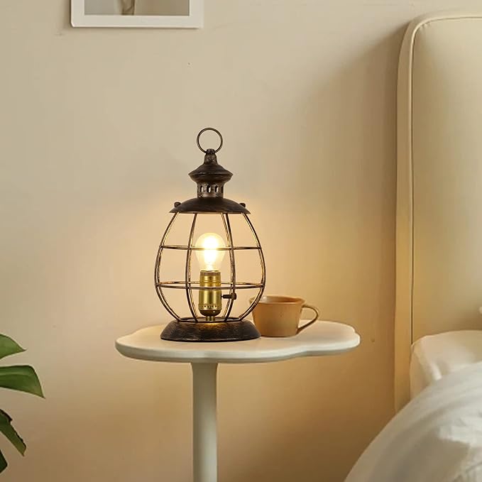Industrial Metal Lantern Table Lamp - 12.2''H Gold Cage Lampshade Searchlight Standing Lighting Fixtures - Nautical Spotlight Reading Desk Light Decoration for Living Room Bedroom Farmhouse - LeafyLoom