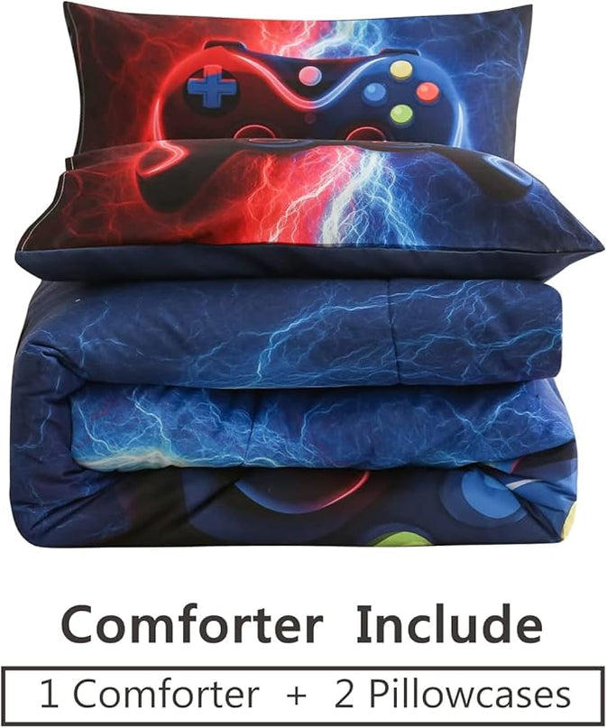 Meeting Story Gamer Gaming Bedding Sets Red-Blue Lightnings Gamepad Comforter Set for Boys Games Console Action Buttons Novelty Colorful Modern Room Decor Home Quilt Set (Red-Blue, Full) - LeafyLoom