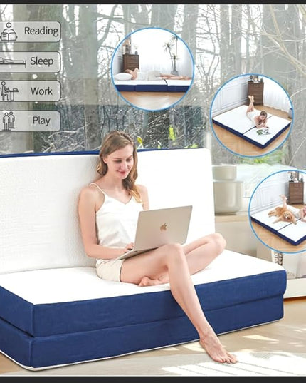 CYMULA Folding Mattress Full Size,4 inch Memory Foam Tri Fold Mattress,Portable Folding Mattress with Washable Cover, Foldable Mattress Topper full for CYMULA Camping,Guest (52"×73"×4") - LeafyLoom