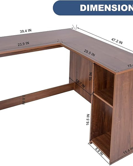 FurnitureR 47.2-Inch L-Shaped Computer Desk Home Office Study Writing Corner Gaming Table Retro Design Work Station Space-Saving for Study Room Bedroom, Walnut - LeafyLoom