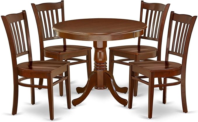 East West Furniture ANGR5-MAH-W 5 Piece Room Set Includes a Round Kitchen Table with Pedestal and 4 Dining Chairs, 36x36 Inch - LeafyLoom