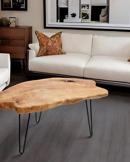 WELLAND Live Edge Cedar Wood Coffee Table Metal Hairpin Legs for Living Room - LeafyLoom