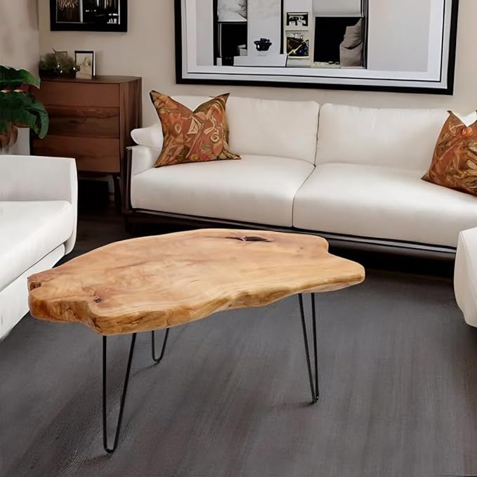 WELLAND Live Edge Cedar Wood Coffee Table Metal Hairpin Legs for Living Room - LeafyLoom