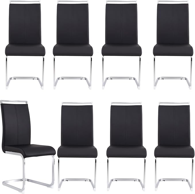 Dining Chairs Set of 8, Kitchen Modern Metal Chairs with Faux Leather Padded Seat High Back and Sturdy Chrome Legs, Chairs for Dining Room (Black, Set of 8) - LeafyLoom