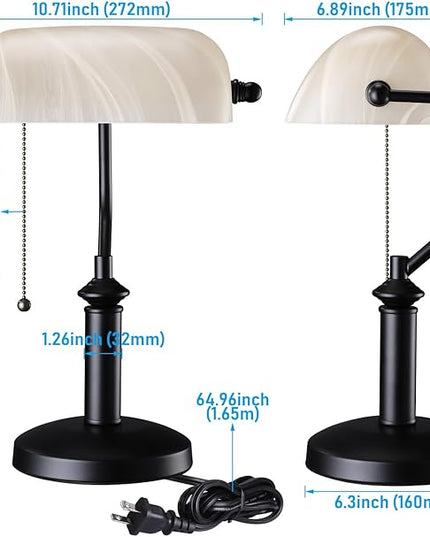 TORCHSTAR Pale Yellow Glass Bankers Desk Lamp, UL Listed, Antique Desk Lamps with Uniquely Textured, Traditional Library Lamp with Pull Chain, E26 Base, Desk Lamp for Office, Study Room - LeafyLoom
