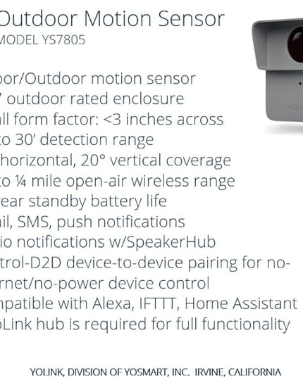 YoLink LoRa Smart Outdoor Motion Detector Sensor, Driveway Alert, Property Invasion/Tresspassing Detector, 1/4 Mile Open Air Range, Email/SMS/Push Alerts, Alexa, IFTTT, Home Assistant (Hub Required) YoLink