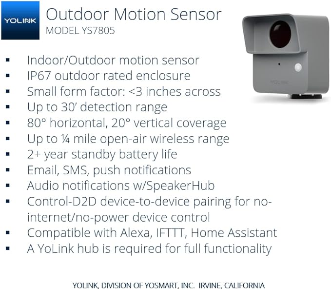 YoLink LoRa Smart Outdoor Motion Detector Sensor, Driveway Alert, Property Invasion/Tresspassing Detector, 1/4 Mile Open Air Range, Email/SMS/Push Alerts, Alexa, IFTTT, Home Assistant (Hub Required) YoLink