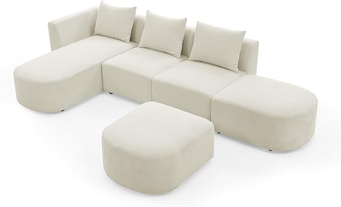 113" L-Shape Sectional Side Chaise and Ottoman, Modular Sofa, DIY Combination, Loop Yarn Fabric for Living Room, Apartment, 113inch, Beige Left - LeafyLoom