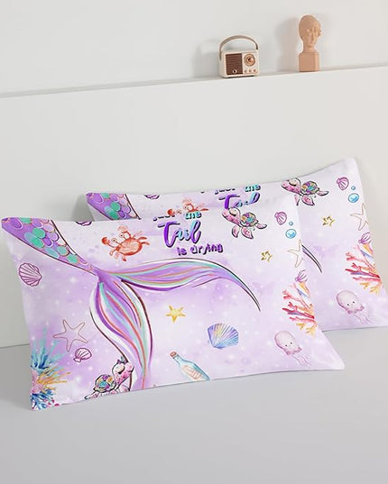 HOSIMA Kids Mermaid Comforter Set with 2 Pillowcases,Watercolor Ocean Life Sea Animal Mermaid Tail Pattern Bedding Set,Light Purpl King Size Comforter Set for Teens Girls Women Bedroom Decor. - LeafyLoom
