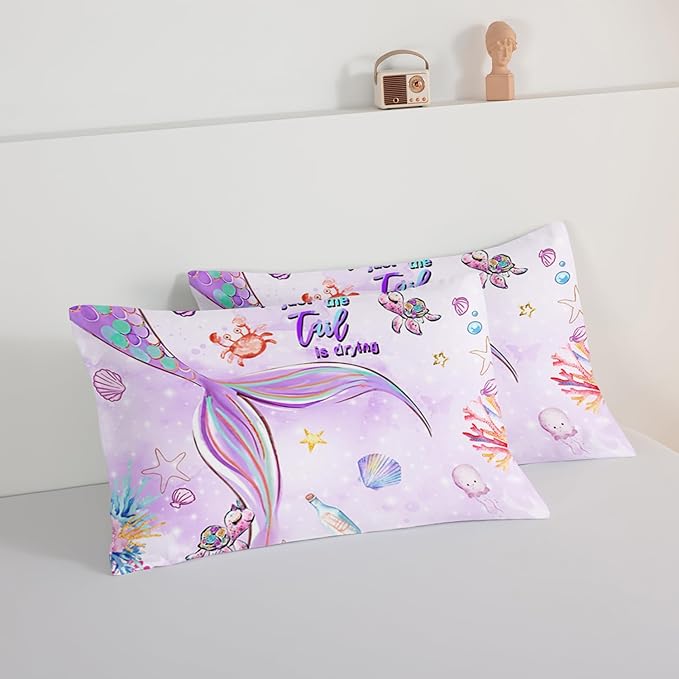 HOSIMA Kids Mermaid Comforter Set with 2 Pillowcases,Watercolor Ocean Life Sea Animal Mermaid Tail Pattern Bedding Set,Light Purpl King Size Comforter Set for Teens Girls Women Bedroom Decor. - LeafyLoom