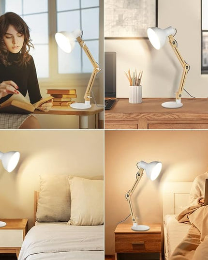 DINGLILIGHTING DLLT Swing Arm Desk Lamp, Wood Adjustable Gooseneck Table Lamp, Modern Architect Desk Light, Reading Light for Work, Study, Bedroom, Home Office, White Metal Shade, E26 Bulb Included - LeafyLoom
