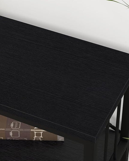 IBF 63" Black Low Horizontal Bookcase, Modern Long Wood Metal 3 Tier Book Shelf, Farmhouse Vintage Big open sturdy Bookshelf, Simple Large Wide Etagere for home living room office bedroom, Black Oak - LeafyLoom