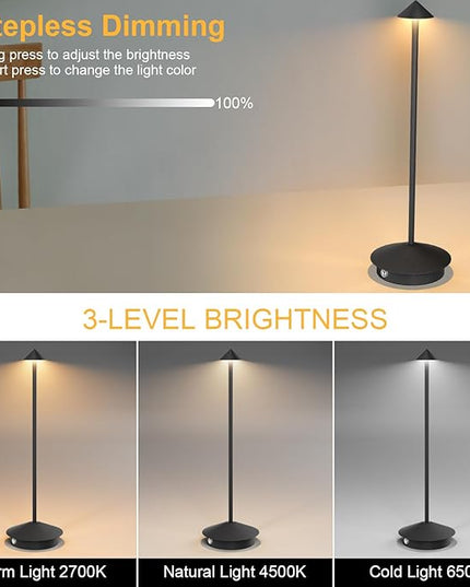 2-Pack 6000mAh Rechargeable LED Table Lamps,Outdoor Cordless Table Lamp Waterproof Portable, 3-Color Stepless Dimmable Modern Lamp for Restaurant/Bedroom(Black) - LeafyLoom