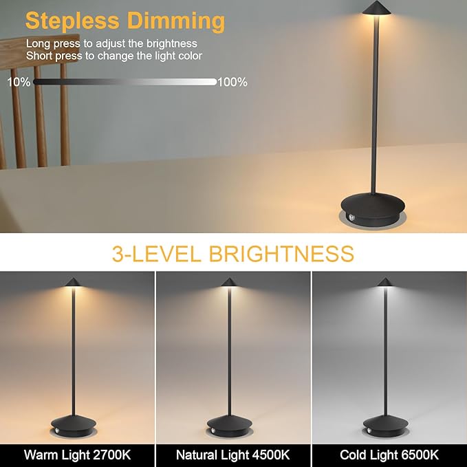 2-Pack 6000mAh Rechargeable LED Table Lamps,Outdoor Cordless Table Lamp Waterproof Portable, 3-Color Stepless Dimmable Modern Lamp for Restaurant/Bedroom(Black) - LeafyLoom