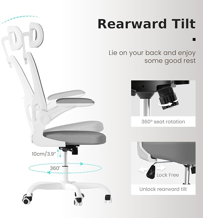 Ergonomic Office Chair, High Back Home Desk Chair with Adjustable Lumbar Support and Headrest, Breathable Mesh Swivel Task Chair, Executive Computer Chair White, 1 Pack - LeafyLoom