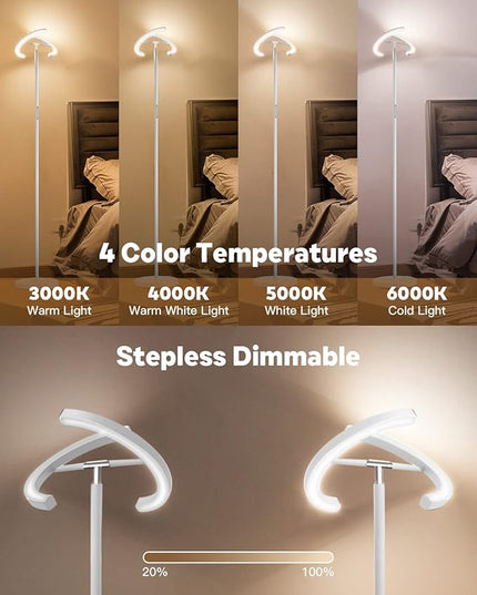 White Floor Lamp, Modern Stepless Dimmable Standing Lamp 3000-6000K, 20W LED Rotatable Reading Tall Lamp, Touch & Remote Control Uplighter Floor Lamps for Living Room Bedroom Office - LeafyLoom