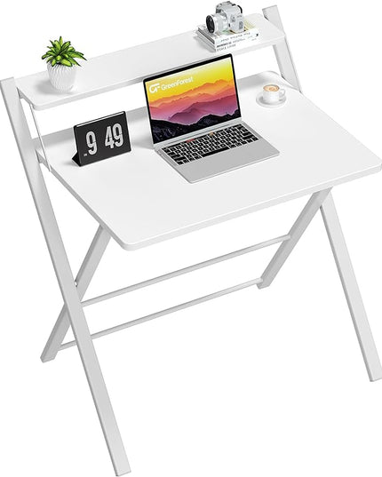 GreenForest Folding Desk No Assembly Required Small Size, 2-Tier Foldable Computer Desk with Shelf for Home Office, Space Saving Portable Laptop Study Foldable Table for Small Spaces, White - LeafyLoom