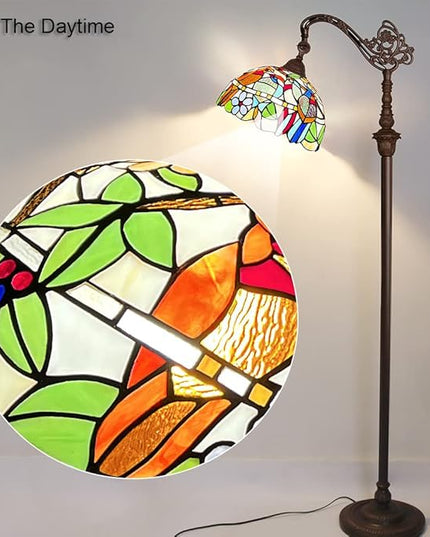 Capulina Tiffany Floor Lamp Antique Cardinal Birds Style Stained Glass Soft Light Arched Gooseneck Adjustable Angle Reading Standing Lamp for Living Room Bedroom Home Office - LeafyLoom