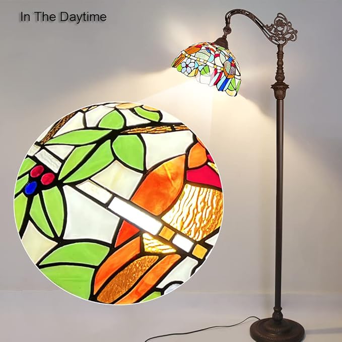 Capulina Tiffany Floor Lamp Antique Cardinal Birds Style Stained Glass Soft Light Arched Gooseneck Adjustable Angle Reading Standing Lamp for Living Room Bedroom Home Office - LeafyLoom