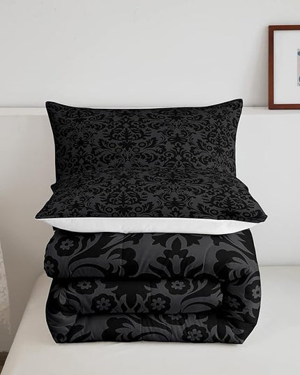 Erosebridal Adults Black Damask Bedding Set Antique Victorian Baroque Down Comforter Full Gothic Vintage Floral Comforter Set Bohemian Exotic Bedding Quilted Bedroom Decor 2 Pillow Cases - LeafyLoom