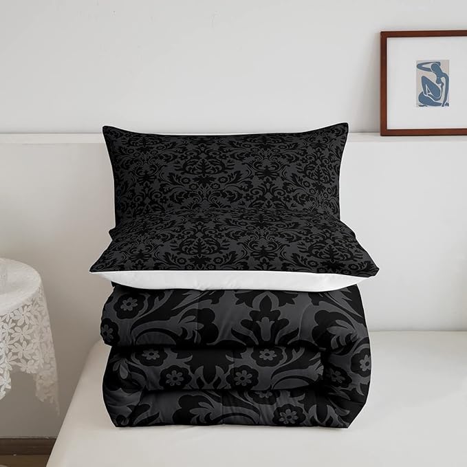 Erosebridal Adults Black Damask Bedding Set Antique Victorian Baroque Down Comforter Queen Gothic Vintage Floral Comforter Set Bohemian Exotic Bedding Quilted Bedroom Decor 2 Pillow Cases - LeafyLoom