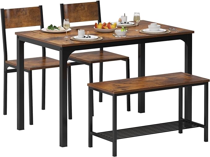 DlandHome Dining Table with 2 Chairs and 1 Bench Dining Room Sets for 4 Soho Dining Table and Chairs Set,Rectangular Space-Saving Dinner Table with Two Benches for Kitchen, Retro - LeafyLoom
