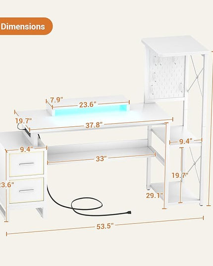Computer Desk with 2 Fabric Drawers - Reversible Home Office Desk with Power Outlet & LED Lights, 53" Writing Desk with Monitor Stand & Storage Shelves, Gaming Desk Study Table with Pegboard, White - LeafyLoom