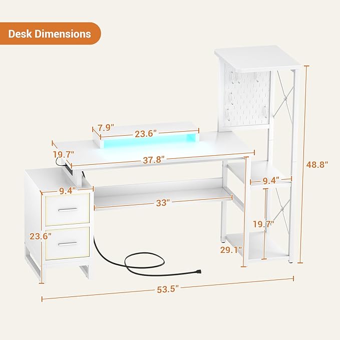 Computer Desk with 2 Fabric Drawers - Reversible Home Office Desk with Power Outlet & LED Lights, 53" Writing Desk with Monitor Stand & Storage Shelves, Gaming Desk Study Table with Pegboard, White - LeafyLoom