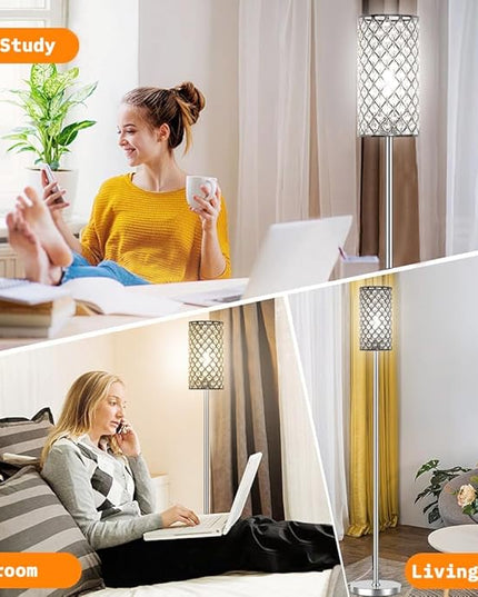 Crystal Floor Lamps - Modern Silver Standing Lamp with 3 CCT LED Bulbs for Elegant Home Decor Living Room and Bedroom Lighting - LeafyLoom