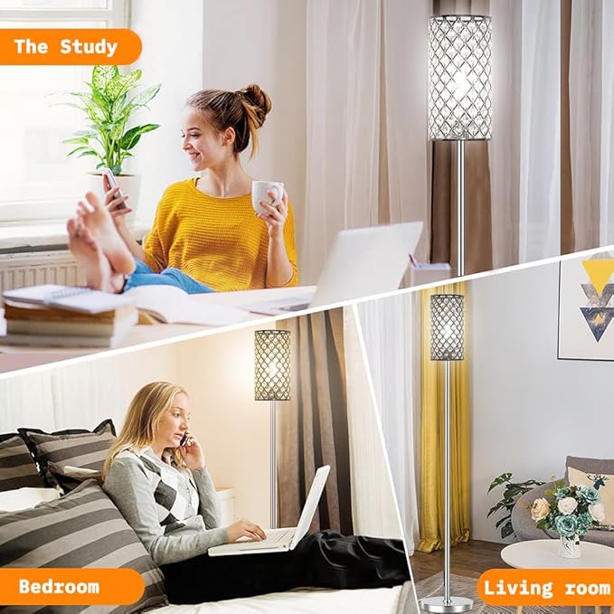 Crystal Floor Lamps - Modern Silver Standing Lamp with 3 CCT LED Bulbs for Elegant Home Decor Living Room and Bedroom Lighting - LeafyLoom