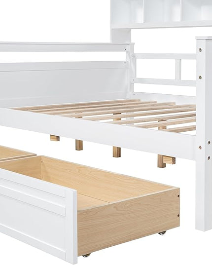 Full Size Daybed with Bedside Shelf and Two Drawers,Multifunctional Storage Solid Wood Bed,W/Wooden Slat Support,No Box Spring Needed,for Bedroom,Living Room,Apartment,White - LeafyLoom