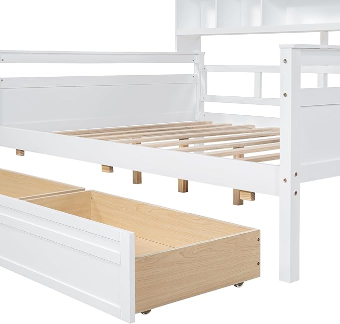 Full Size Daybed with Bedside Shelf and Two Drawers,Multifunctional Storage Solid Wood Bed,W/Wooden Slat Support,No Box Spring Needed,for Bedroom,Living Room,Apartment,White - LeafyLoom