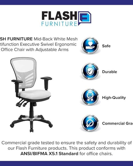 Flash Furniture Nicholas Mid-Back Swivel Office and Gaming Chair, Ergonomic Mesh Office Chair with Adjustable Lumbar Support and Height, White - LeafyLoom