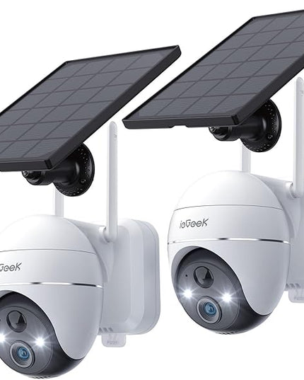ieGeek Security Cameras Wireless Outdoor, 2K WiFi Home Security System 360° PTZ Camera 2 Pack, Solar/Battery Powered Cam with Spotlight/Siren/AI/Motion Sensor/3MP Color Night Vision, Works with Alexa ieGeek