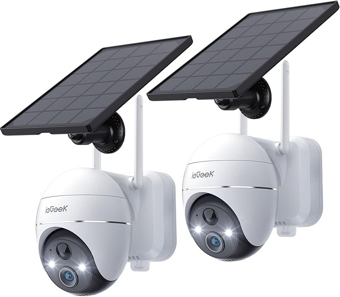 ieGeek Security Cameras Wireless Outdoor, 2K WiFi Home Security System 360° PTZ Camera 2 Pack, Solar/Battery Powered Cam with Spotlight/Siren/AI/Motion Sensor/3MP Color Night Vision, Works with Alexa ieGeek