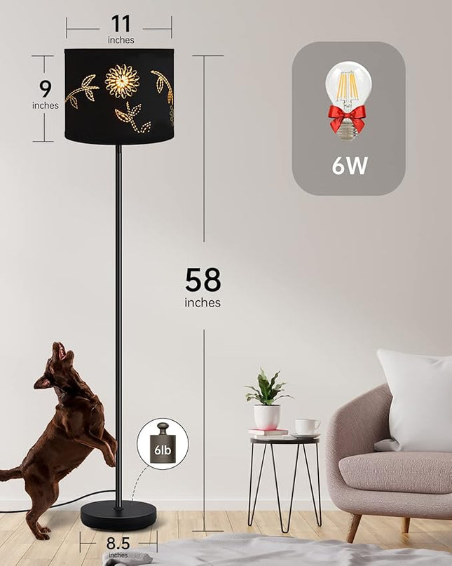 BoostArea Floor Lamp, Standing Lamp, 6W LED Floor Lamps with Black Lampshade, 2700K, Foot Switch, E26 Socket, 58" Tall Metal Pole Lamp, Simple Floor Lamps for Living Room/Bedroom/Farmhouse, Flower - LeafyLoom
