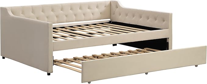 Full Size Velvet Upholstered Tufted Daybed with Twin-Size Trundle,Modern Wood Bed Frame w/Armrests,Slat Support,No Box Spring Needed,Daybeds for Apartment,Bedroom,Guest Room,Beige - LeafyLoom
